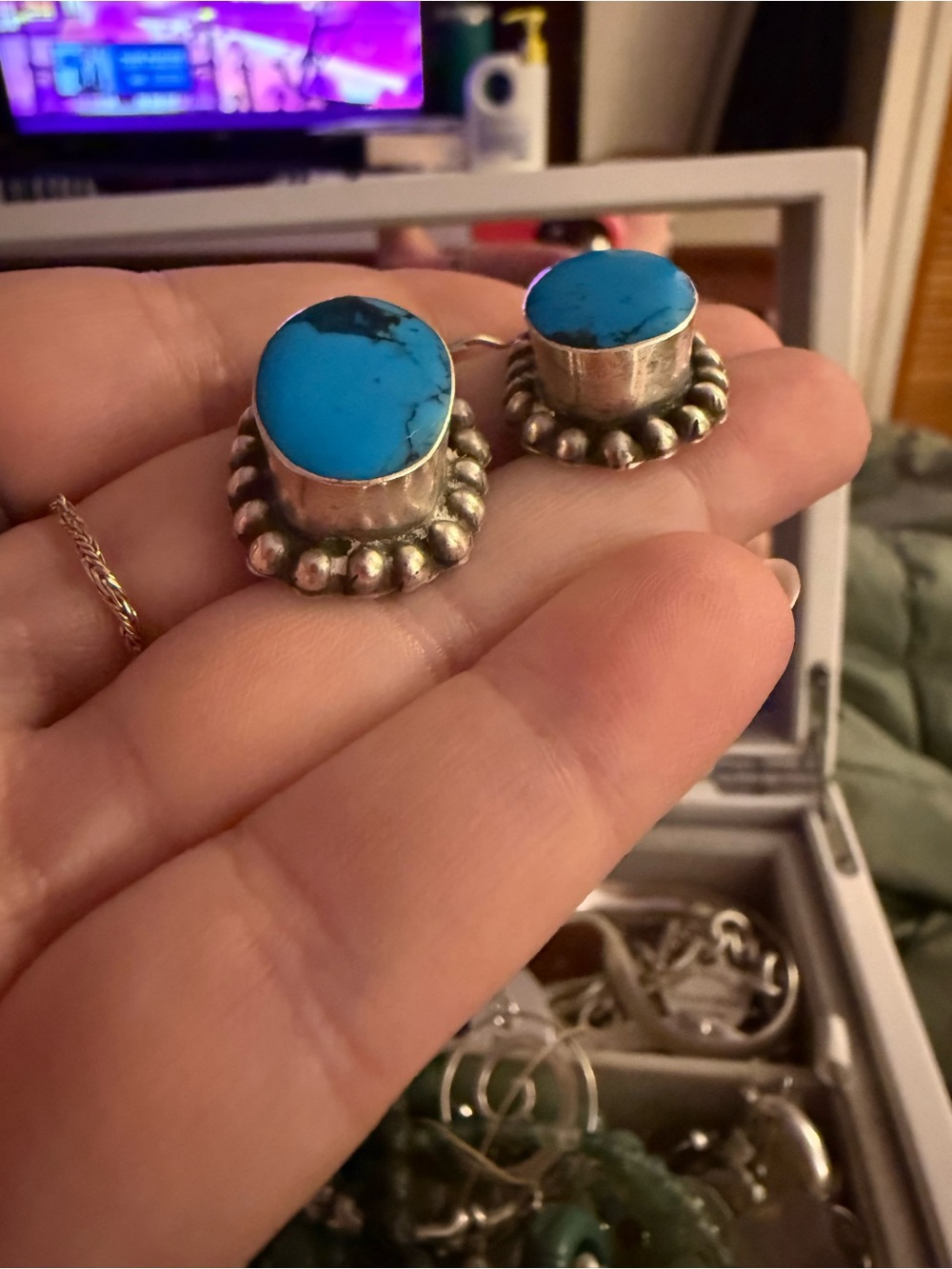 Sterling Silver Turquoise Drop Earrings - Bright Blue - Picture 2 of 3